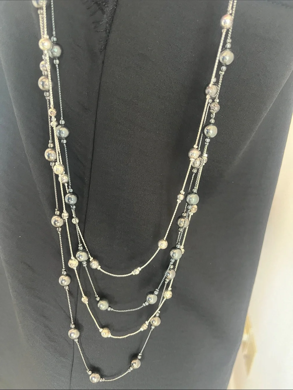 Multi-Strand Hematite and Silver Bead Necklace - Women Jewelry